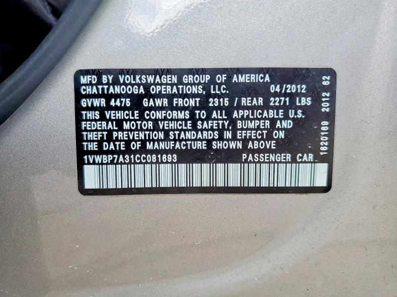 Продаж на аукціоні авто 2012 Volkswagen Passat, vin: 1VWBP7A31CC081693, номер лоту: 52152316
