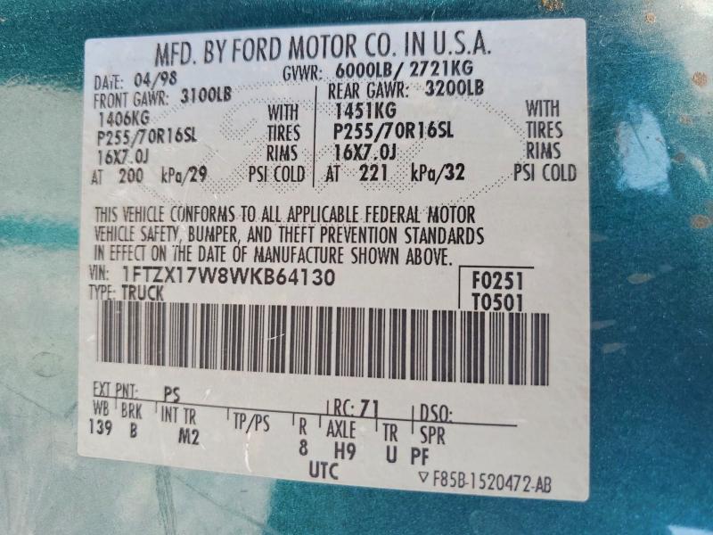 Продаж на аукціоні авто 1998 Ford F150, vin: 1FTZX17W8WKB64130, номер лоту: 53916436