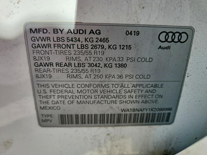 53870816 :رقم المزاد ، WA1BNAFY1K2098986 vin ، 2019 Audi Q5 مزاد بيع