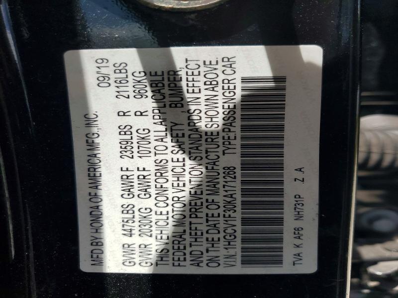 Продажа на аукционе авто 2019 Honda Accord, vin: 1HGCV1F30KA171268, номер лота: 52329916