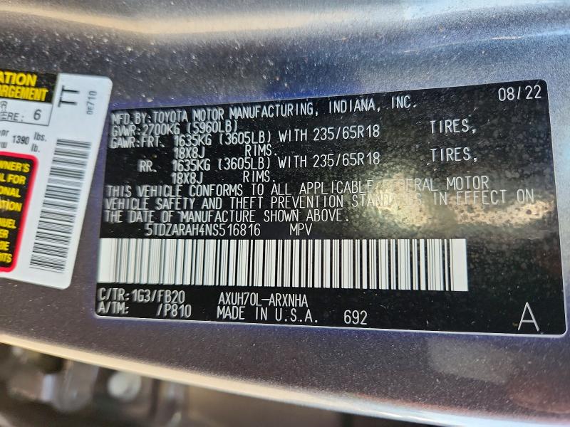 Aukcja sprzedaży 2022 Toyota Highlander, vin: 5TDZARAH4NS516816, numer aukcji: 53429356