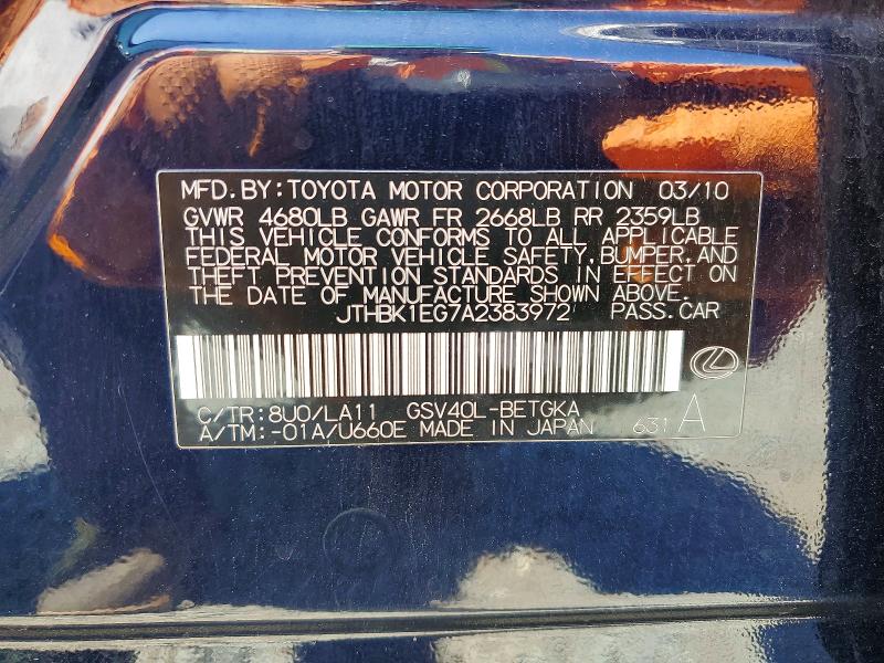 53659016 :رقم المزاد ، JTHBK1EG7A2383972 vin ، 2010 Lexus Es مزاد بيع