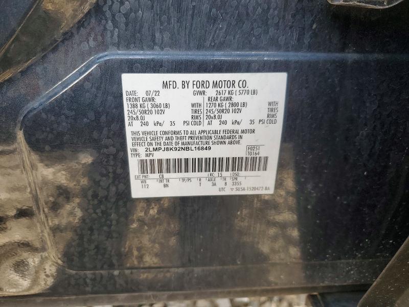Продажа на аукционе авто 2022 Lincoln Nautilus, vin: 2LMPJ8K92NBL16849, номер лота: 53697646