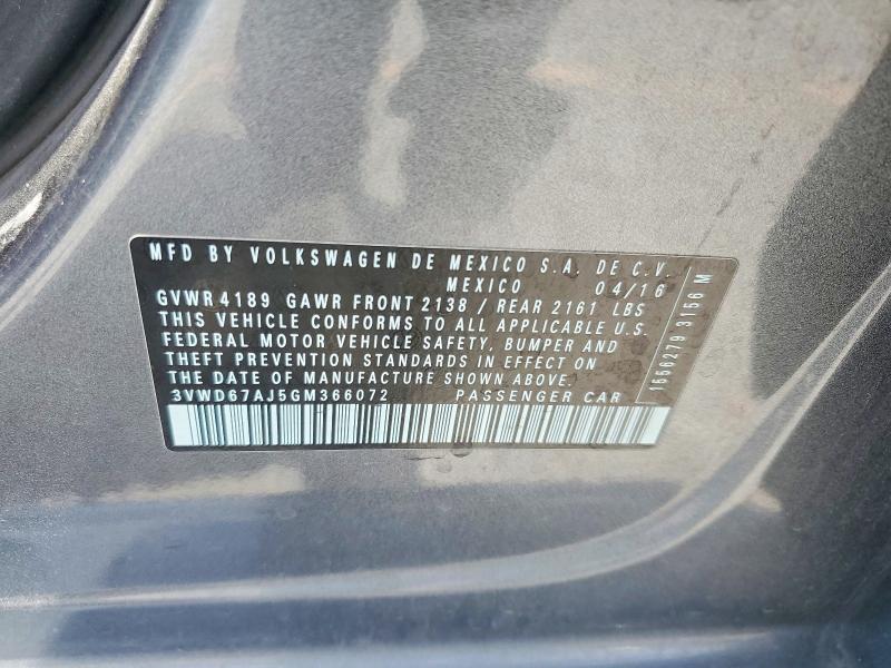 2016 Volkswagen Jetta მანქანა იყიდება აუქციონზე, vin: 3VWD67AJ5GM366072, აუქციონის ნომერი: 52088886