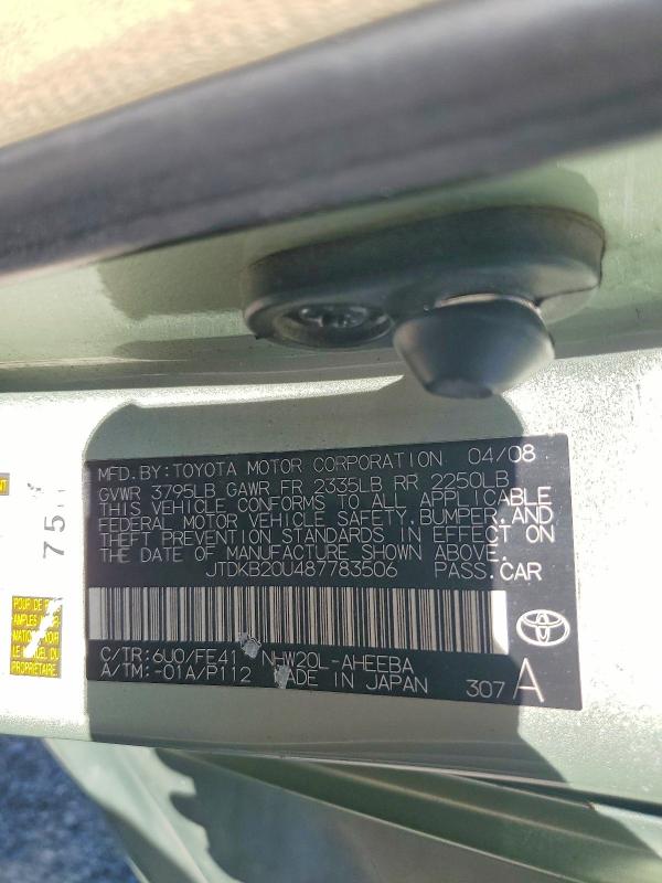 2008 Toyota Prius მანქანა იყიდება აუქციონზე, vin: JTDKB20U487783506, აუქციონის ნომერი: 53293266