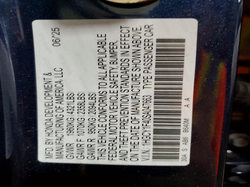 Aukcja sprzedaży 2025 Honda Accord, vin: 1HGCY1F40SA047663, numer aukcji: 52831906