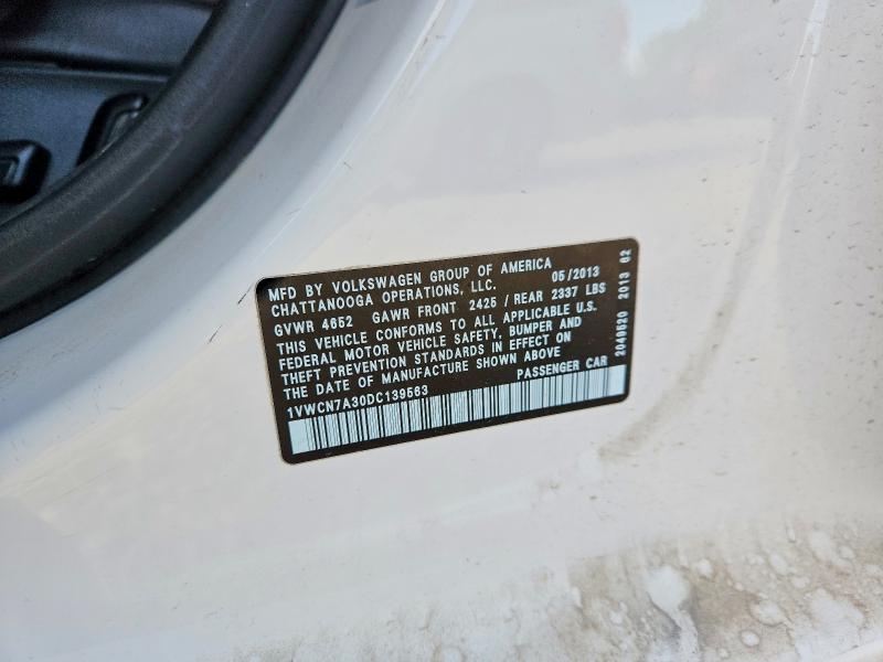 Aukcja sprzedaży 2013 Volkswagen Passat, vin: 1VWCN7A30DC139563, numer aukcji: 52528516