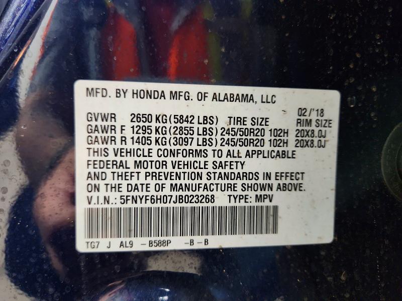 Продажа на аукционе авто 2018 Honda Pilot, vin: 5FNYF6H07JB023268, номер лота: 53969826