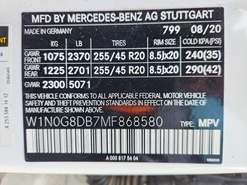 Aukcja sprzedaży 2021 Mercedes-benz Glc, vin: W1N0G8DB7MF868580, numer aukcji: 51779046