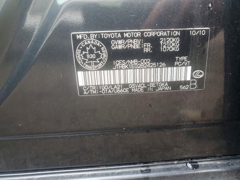 53536726 :رقم المزاد ، JTHBK1EG2B2425126 vin ، 2011 Lexus Es مزاد بيع