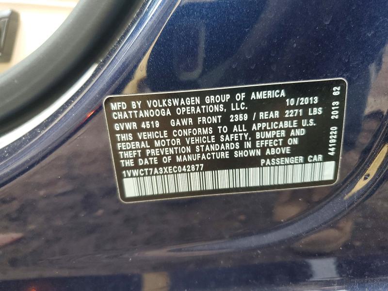 2014 Volkswagen Passat მანქანა იყიდება აუქციონზე, vin: 1VWCT7A3XEC042877, აუქციონის ნომერი: 52234736