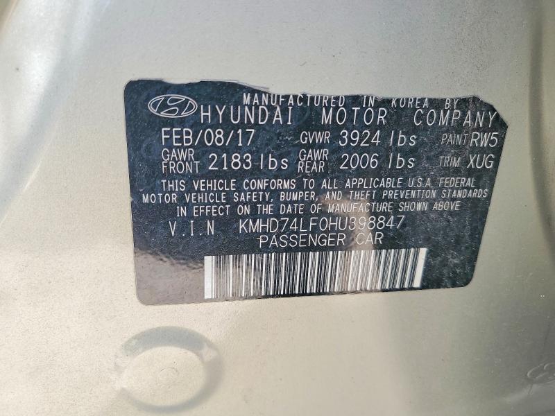 2017 Hyundai Elantra მანქანა იყიდება აუქციონზე, vin: KMHD74LF0HU398847, აუქციონის ნომერი: 55561236