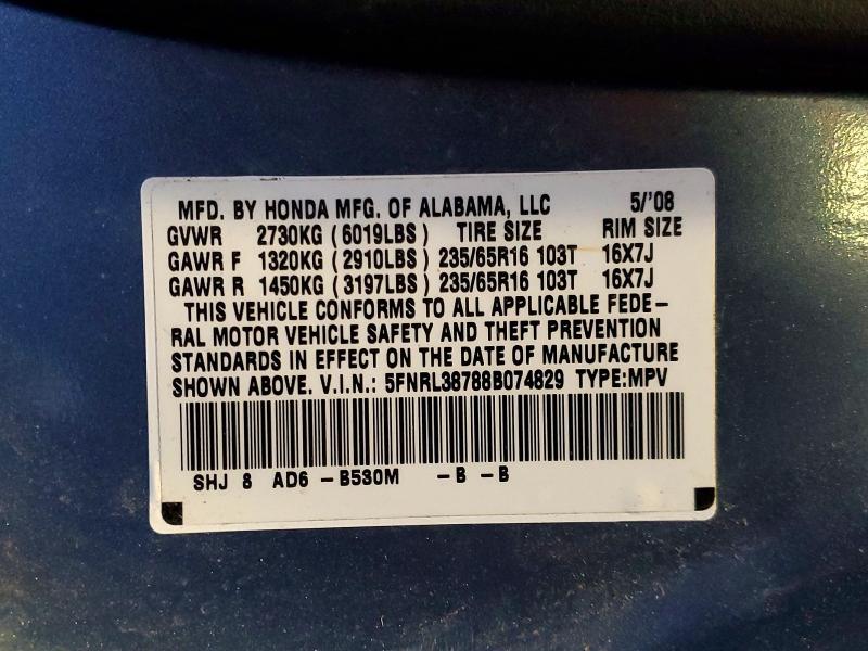 52921996 :رقم المزاد ، 5FNRL38788B074829 vin ، 2008 Honda Odyssey مزاد بيع