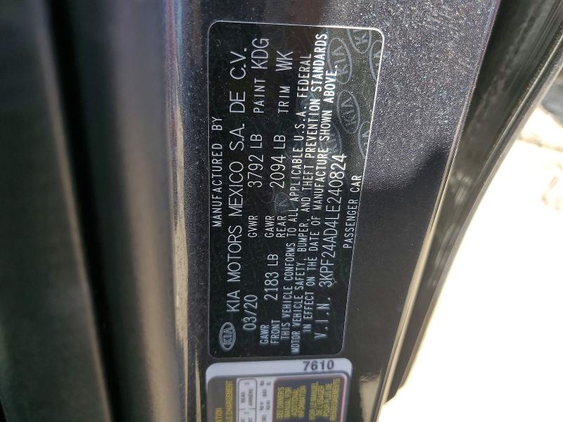 2020 Kia Forte მანქანა იყიდება აუქციონზე, vin: 3KPF24AD4LE240824, აუქციონის ნომერი: 55346856