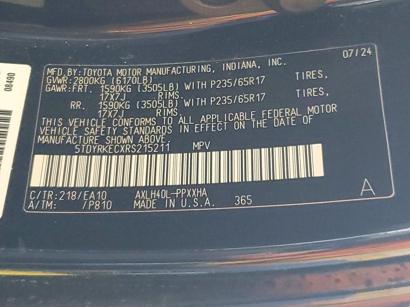 54514766 :رقم المزاد ، 5TDYRKECXRS215211 vin ، 2024 Toyota Sienna مزاد بيع