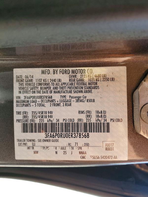 2014 Ford Fusion მანქანა იყიდება აუქციონზე, vin: 3FA6P0RU0ER378568, აუქციონის ნომერი: 54367746