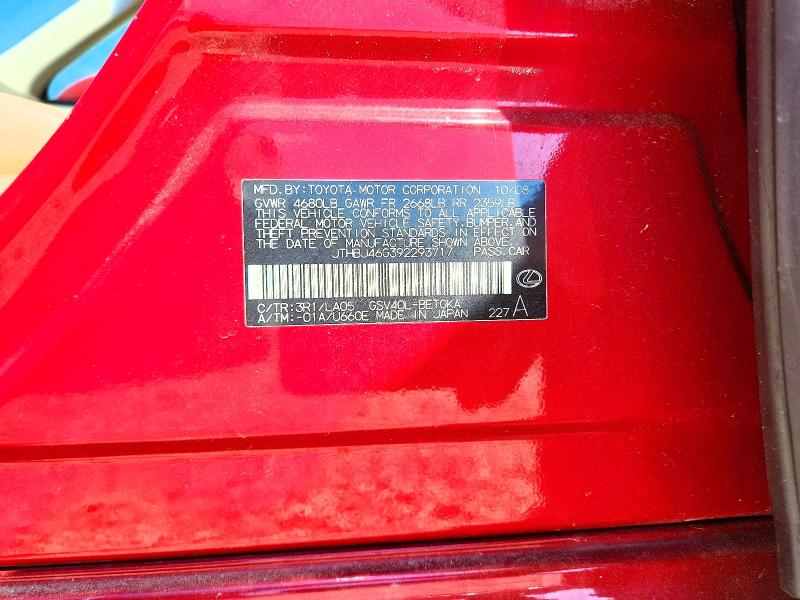 Aukcja sprzedaży 2009 Lexus Es, vin: JTHBJ46G392293717, numer aukcji: 52080646