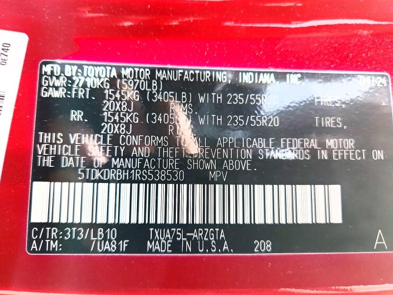 Aukcja sprzedaży 2024 Toyota Highlander, vin: 5TDKDRBH1RS538530, numer aukcji: 53940066