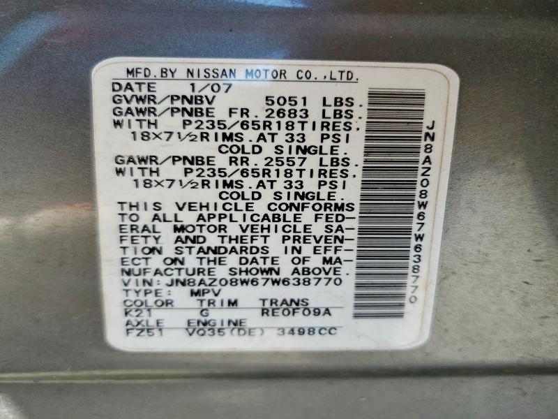 Aukcja sprzedaży 2007 Nissan Murano, vin: JN8AZ08W67W638770, numer aukcji: 52618036