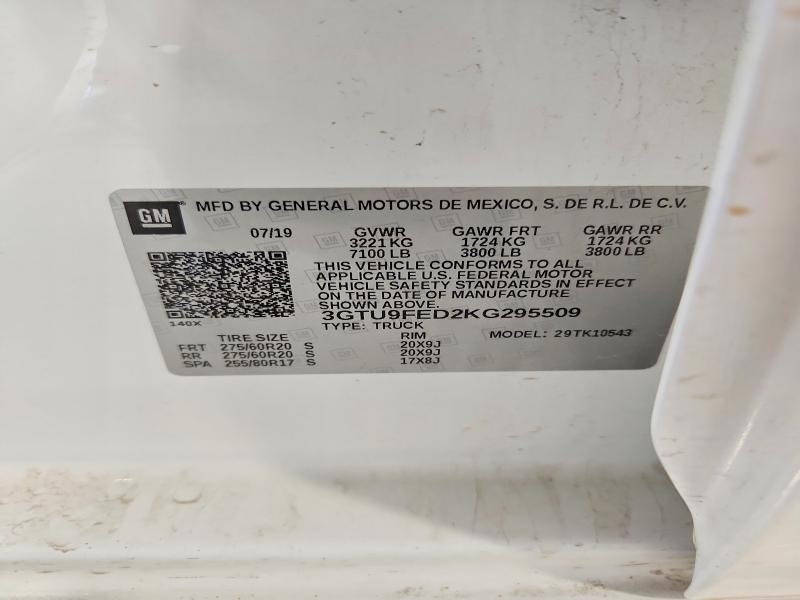 2019 Gmc Sierra მანქანა იყიდება აუქციონზე, vin: 3GTU9FED2KG295509, აუქციონის ნომერი: 51507096