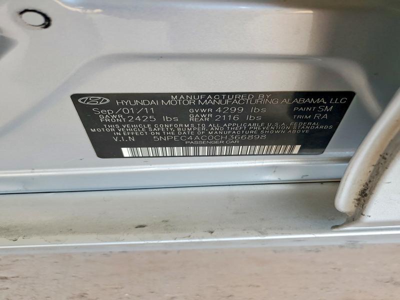 2012 Hyundai Sonata მანქანა იყიდება აუქციონზე, vin: 5NPEC4AC0CH366898, აუქციონის ნომერი: 54013666