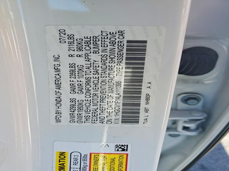 Продаж на аукціоні авто 2020 Honda Accord, vin: 1HGCV1F14LA111395, номер лоту: 53643646