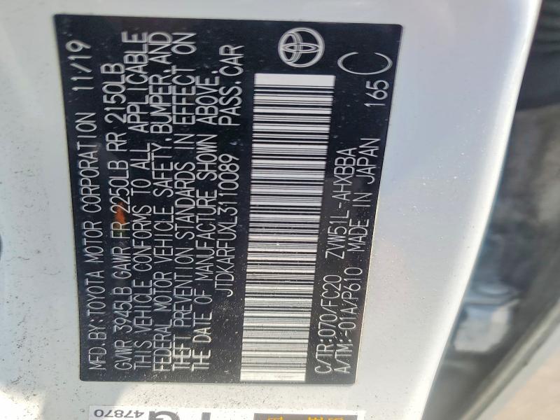 Aukcja sprzedaży 2020 Toyota Prius, vin: JTDKARFUXL3110089, numer aukcji: 53060886