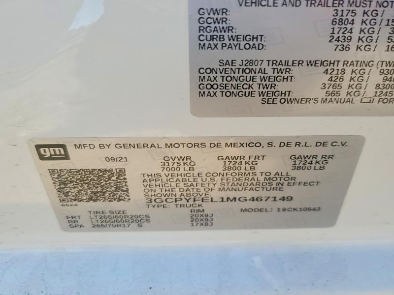 2021 Chevrolet Silverado მანქანა იყიდება აუქციონზე, vin: 3GCPYFEL1MG467149, აუქციონის ნომერი: 52772746