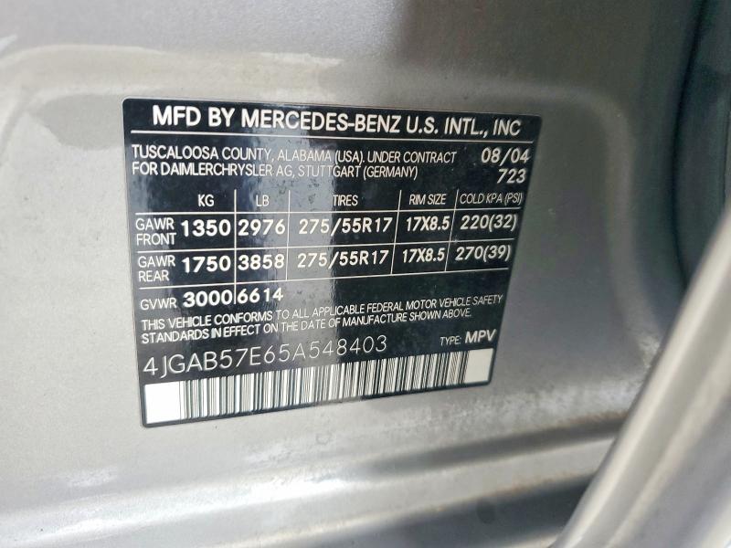 53413556 :رقم المزاد ، 4JGAB57E65A548403 vin ، 2005 Mercedes-benz Ml مزاد بيع