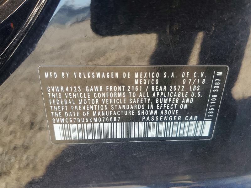 2019 Volkswagen Jetta მანქანა იყიდება აუქციონზე, vin: 3VWC57BU5KM076687, აუქციონის ნომერი: 54611196