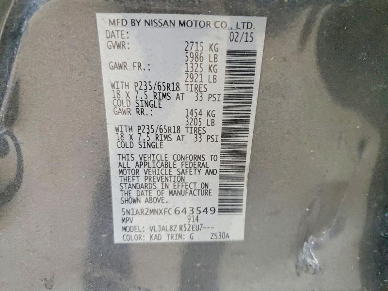 Продажа на аукционе авто 2015 Nissan Pathfinder, vin: 5N1AR2MNXFC643549, номер лота: 54502316