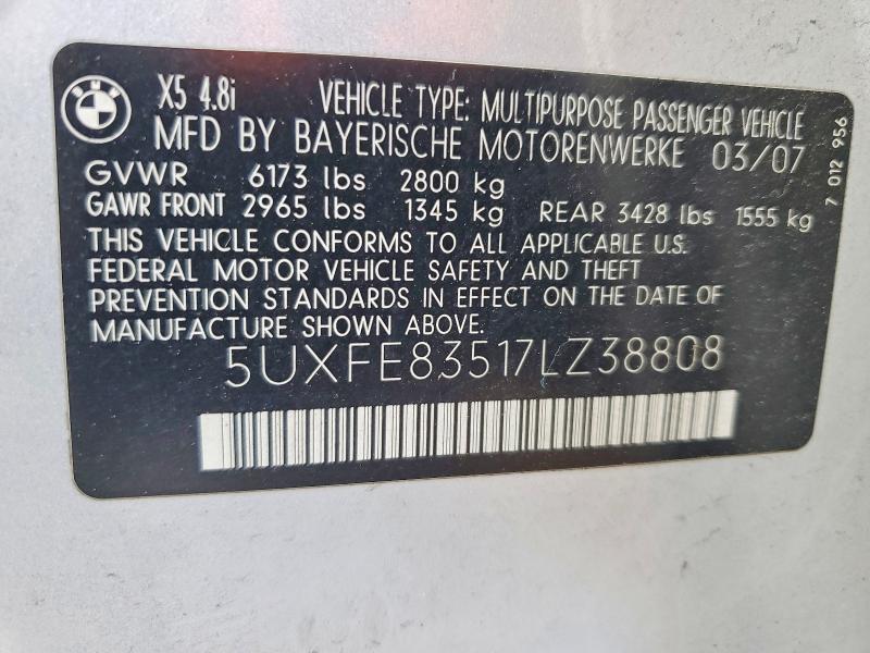 2007 Bmw X5 მანქანა იყიდება აუქციონზე, vin: 5UXFE83517LZ38808, აუქციონის ნომერი: 52342906