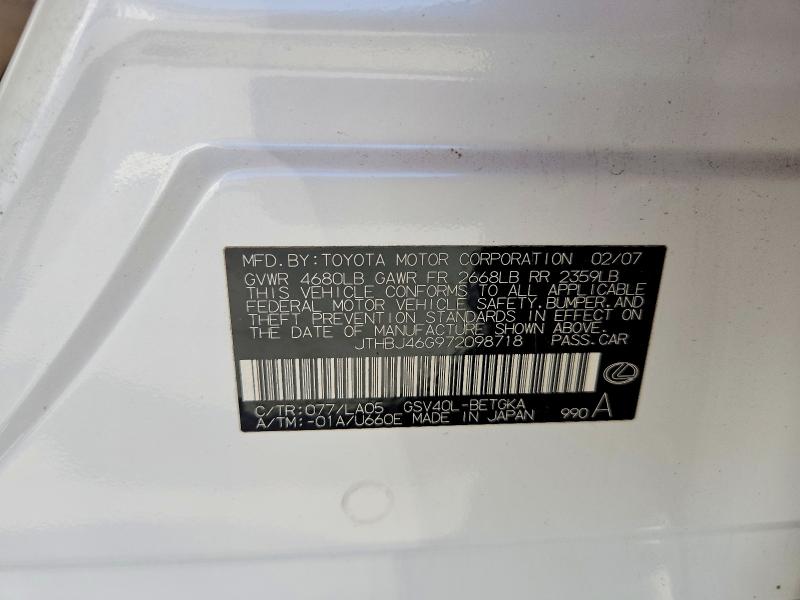 Продажа на аукционе авто 2007 Lexus Es, vin: JTHBJ46G972098718, номер лота: 52900996