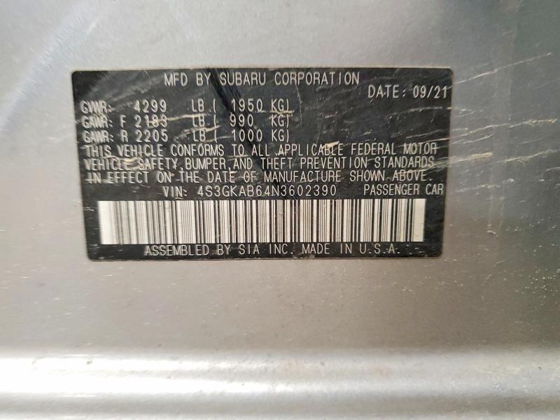 52040386 :رقم المزاد ، 4S3GKAB64N3602390 vin ، 2022 Subaru Impreza مزاد بيع