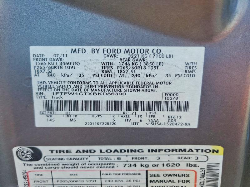 Aukcja sprzedaży 2011 Ford F150, vin: 1FTFW1CTXBKD86390, numer aukcji: 55037566