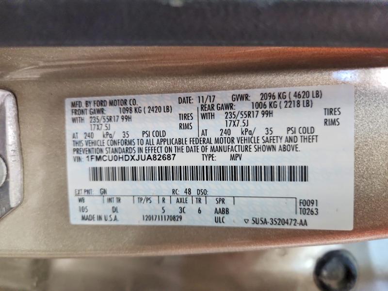 54408156 :رقم المزاد ، 1FMCU0HDXJUA82687 vin ، 2018 Ford Escape مزاد بيع