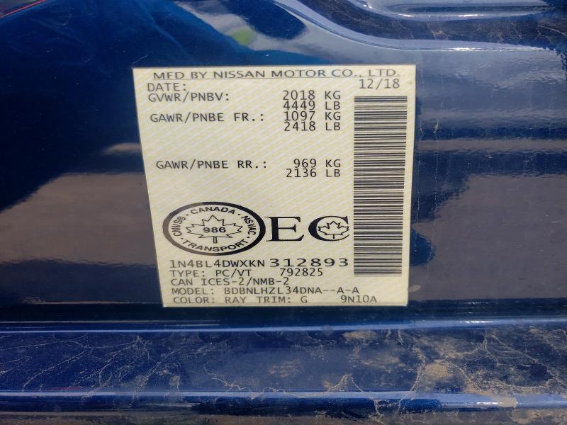 Продаж на аукціоні авто 2019 Nissan Altima, vin: 1N4BL4DWXKN312893, номер лоту: 53353516