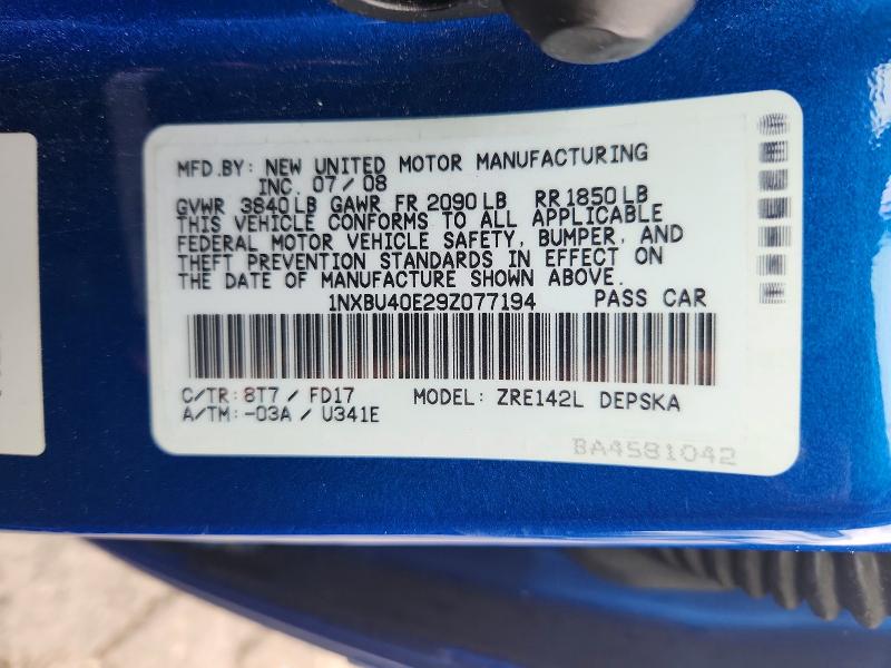 2009 Toyota Corolla მანქანა იყიდება აუქციონზე, vin: 1NXBU40E29Z077194, აუქციონის ნომერი: 54399376