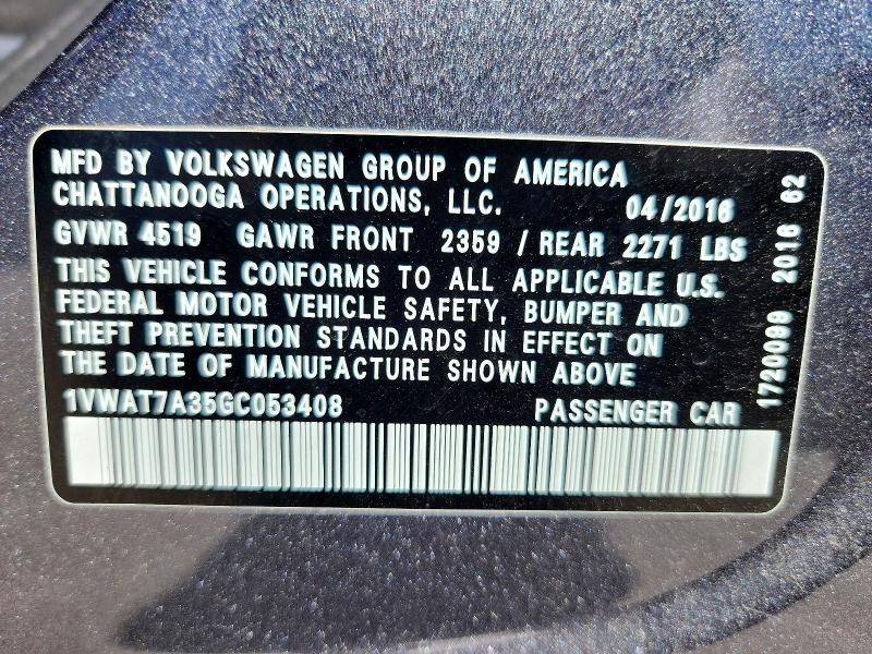 52873936 :رقم المزاد ، 1VWAT7A35GC053408 vin ، 2016 Volkswagen Passat مزاد بيع