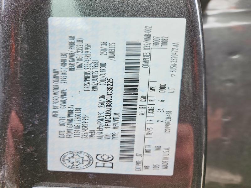 2019 Ford Escape მანქანა იყიდება აუქციონზე, vin: 1FMCU9J98KUC39225, აუქციონის ნომერი: 51614476