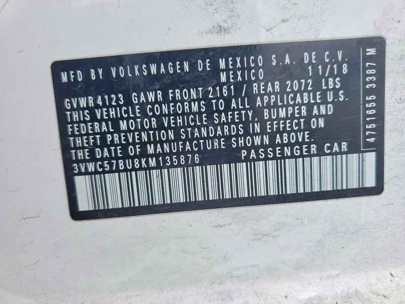 52170446 :رقم المزاد ، 3VWC57BU8KM135876 vin ، 2019 Volkswagen Jetta مزاد بيع