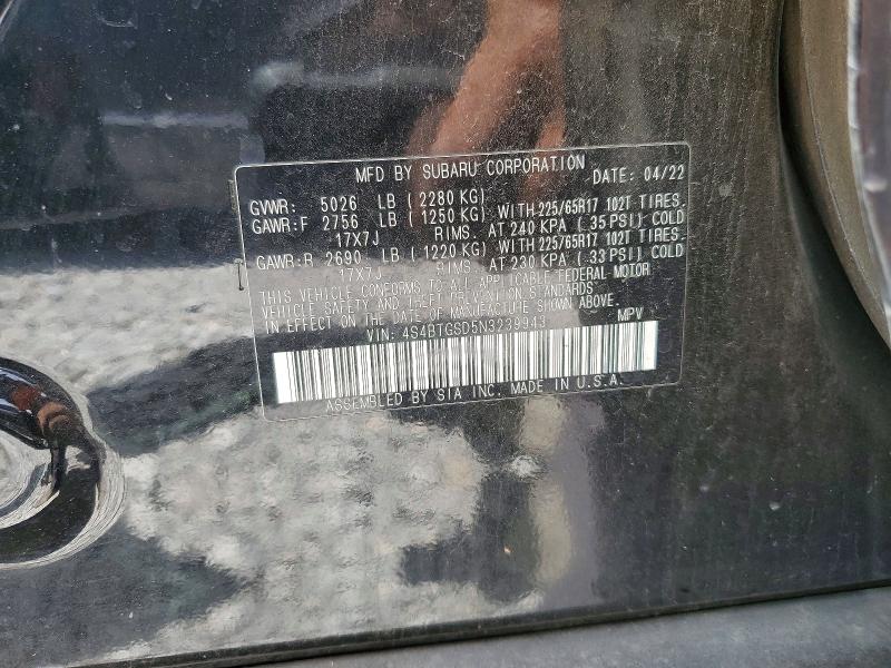 Aukcja sprzedaży 2022 Subaru Outback, vin: 4S4BTGSD5N3239943, numer aukcji: 54815326