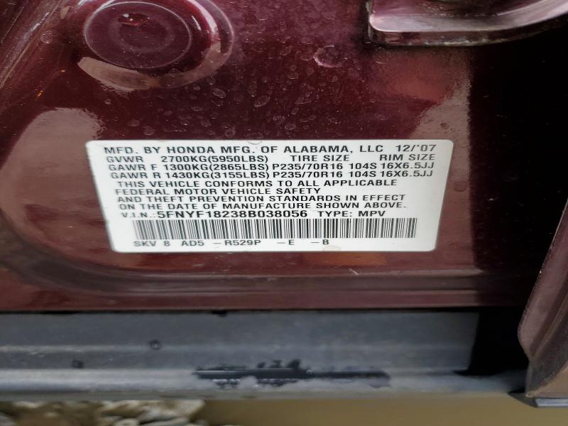 2008 Honda Pilot მანქანა იყიდება აუქციონზე, vin: 5FNYF18238B038056, აუქციონის ნომერი: 52897946