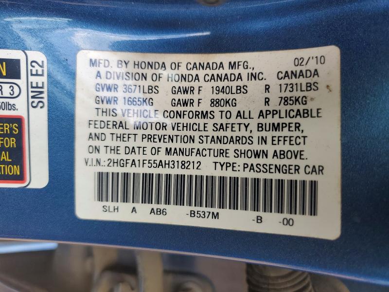 2010 Honda Civic მანქანა იყიდება აუქციონზე, vin: 2HGFA1F55AH318212, აუქციონის ნომერი: 53978206