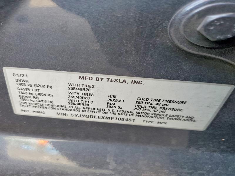 2021 Tesla Model Y მანქანა იყიდება აუქციონზე, vin: 5YJYGDEEXMF108451, აუქციონის ნომერი: 54763346
