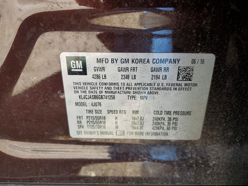 53418136 :رقم المزاد ، KL4CJASB6GB741258 vin ، 2016 Buick Encore مزاد بيع