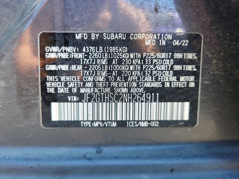Aukcja sprzedaży 2022 Subaru Crosstrek, vin: JF2GTHSC2NH264911, numer aukcji: 53114236