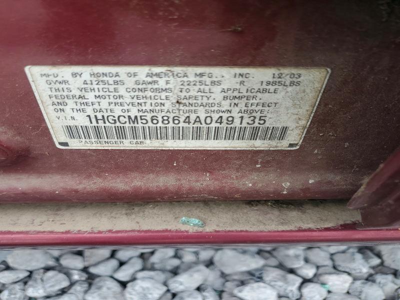 52262036 :رقم المزاد ، 1HGCM56864A049135 vin ، 2004 Honda Accord مزاد بيع