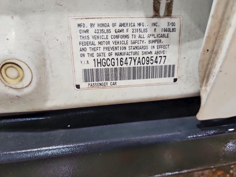 52479846 :رقم المزاد ، 1HGCG1647YA095477 vin ، 2000 Honda Accord مزاد بيع