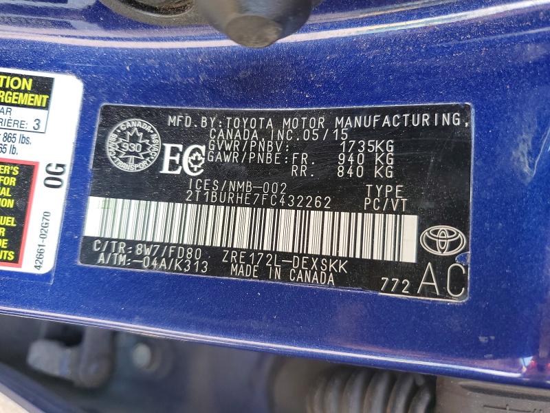 Aukcja sprzedaży 2015 Toyota Corolla, vin: 2T1BURHE7FC432262, numer aukcji: 52811546